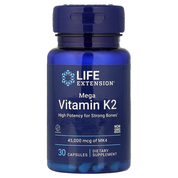 Life Extension Mega Vitamin K2 High Potency for Strong Bones, clinically studied 45 mg K2 dosage, promotes healthy bone density, gluten-free, non-GMO, 30 capsules