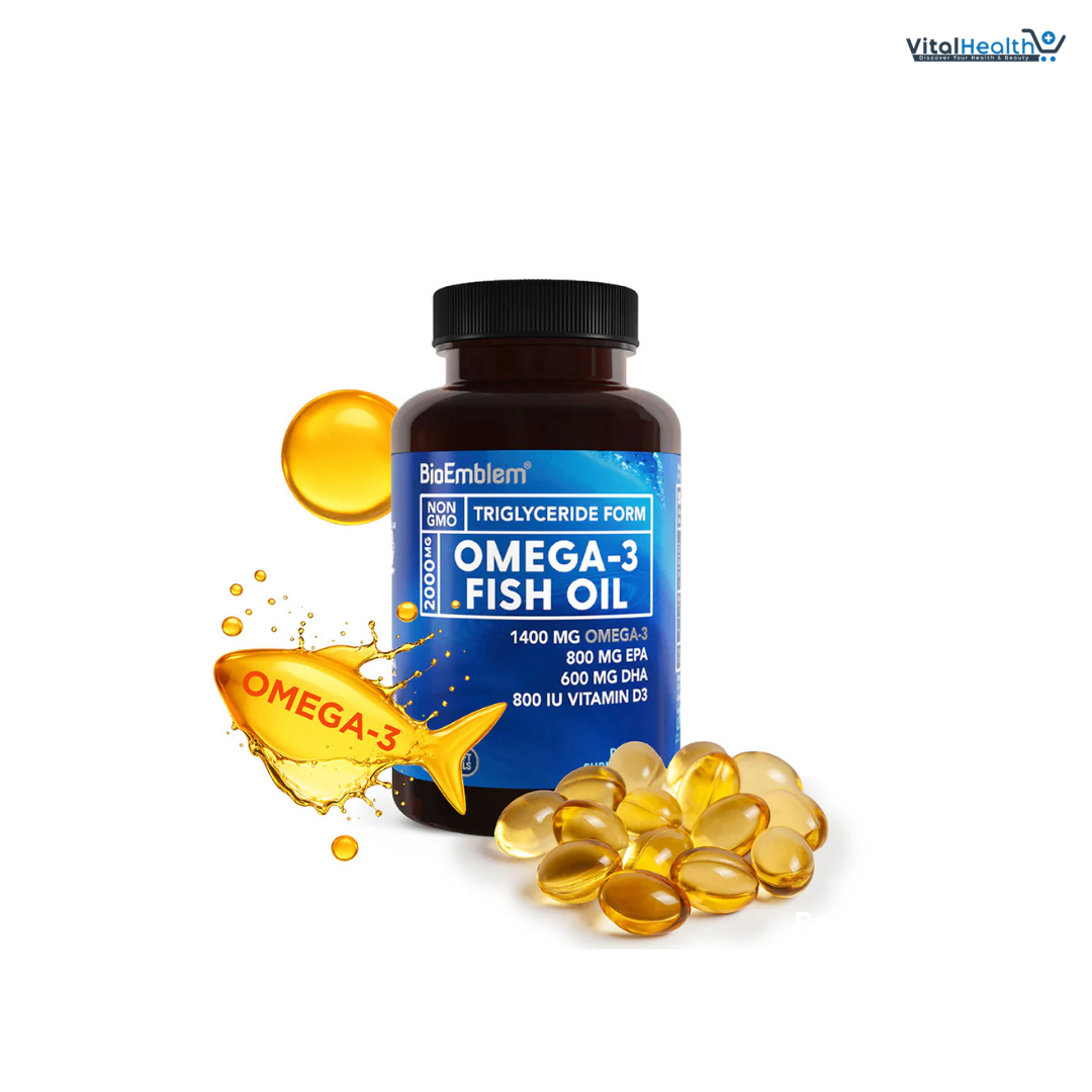 BioEmblem Omega-3 Fish Oil 2000mg - Small Size Softgels, High Absorption Form, Sustainable - 1400mg EPA &amp;DHA Plus Vitamin D3, Non-GMO, Heart, Joint, &amp; Brain Health Fish Oil Supplement, 120 Ct