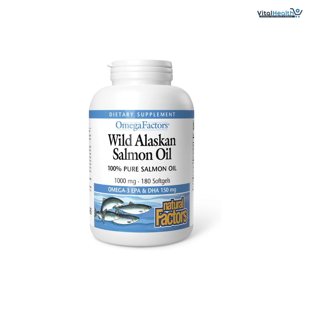 Natural Factors Wild Alaskan Salmon Oil Provides Omega-3, EPA, DHA &amp; Vitamin D, Supports Brain &amp; Heart Health, 180 Softgels