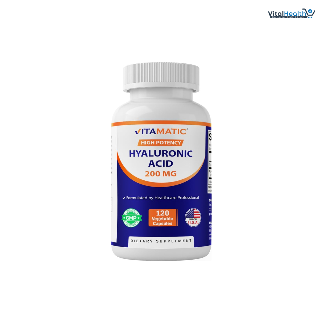 Vitamatic Hyaluronic Acid Supplements 200mg - Supports Healthy Connective Tissue and Joints - Promote Youthful Healthy Skin - 120 Capsules