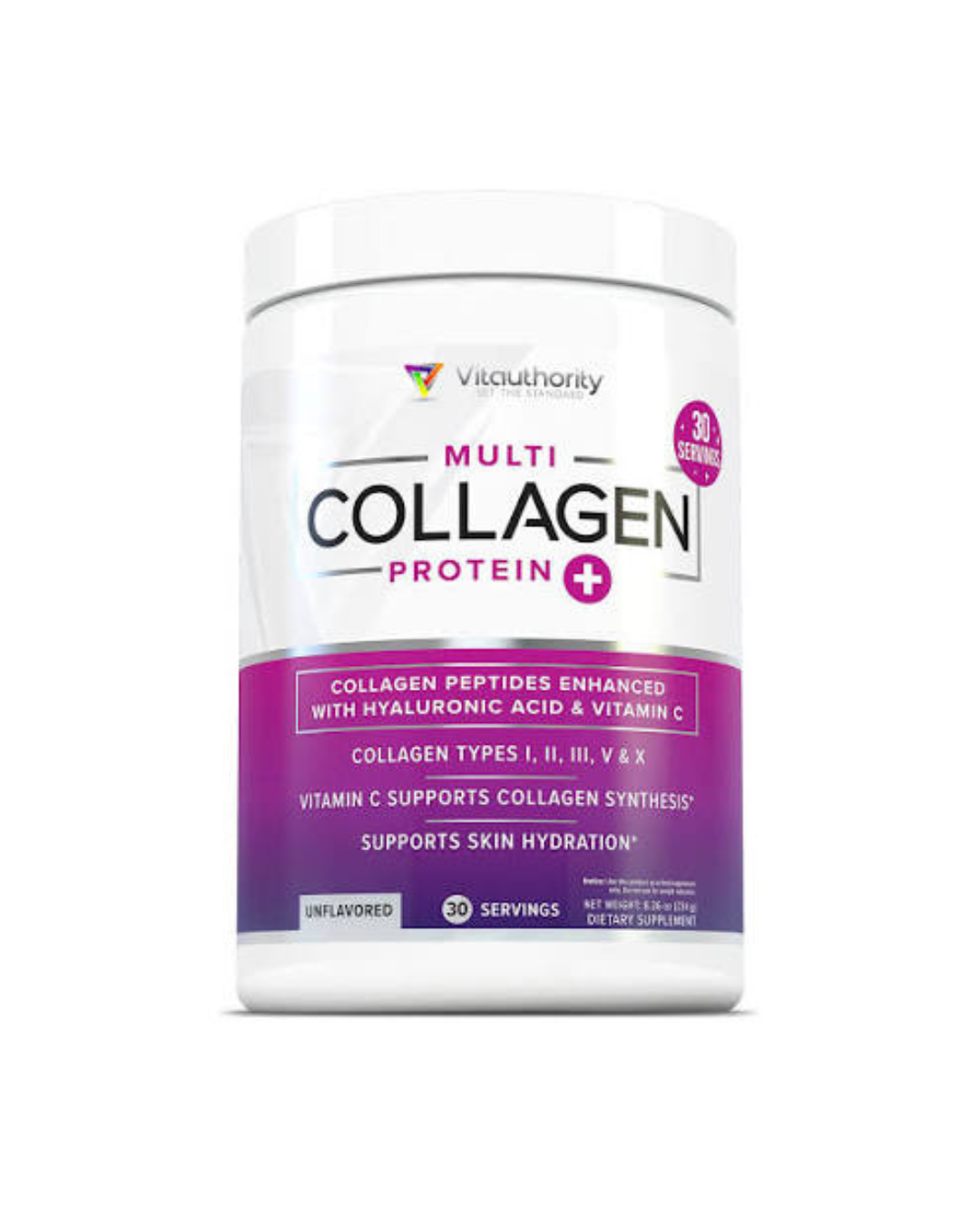 Vitauthority, Multi Collagen Protein+ Collagen Types I, II, III, V &amp; X with Vitamin C and Hyaluronic Acid Unflavored 30 Serving