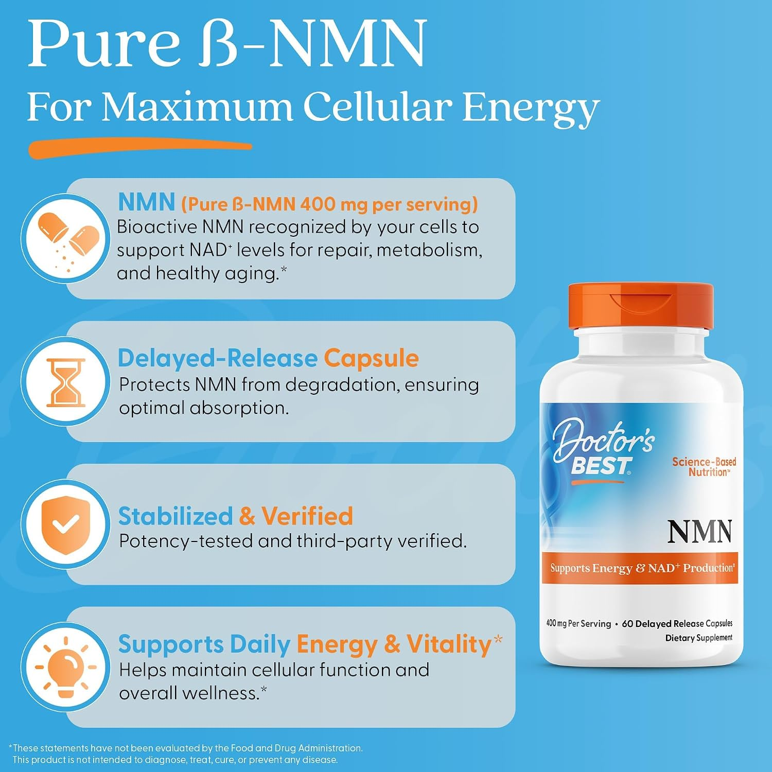 Doctor's Best NMN Supplement for Women &amp; Men - Supports NAD+ Production &amp; Cellular Energy, Beta Nicotinamide Mononucleotide, 200 mg per Capsule, Vegan, Non GMO - 60 Veg Caps thumbnail 2