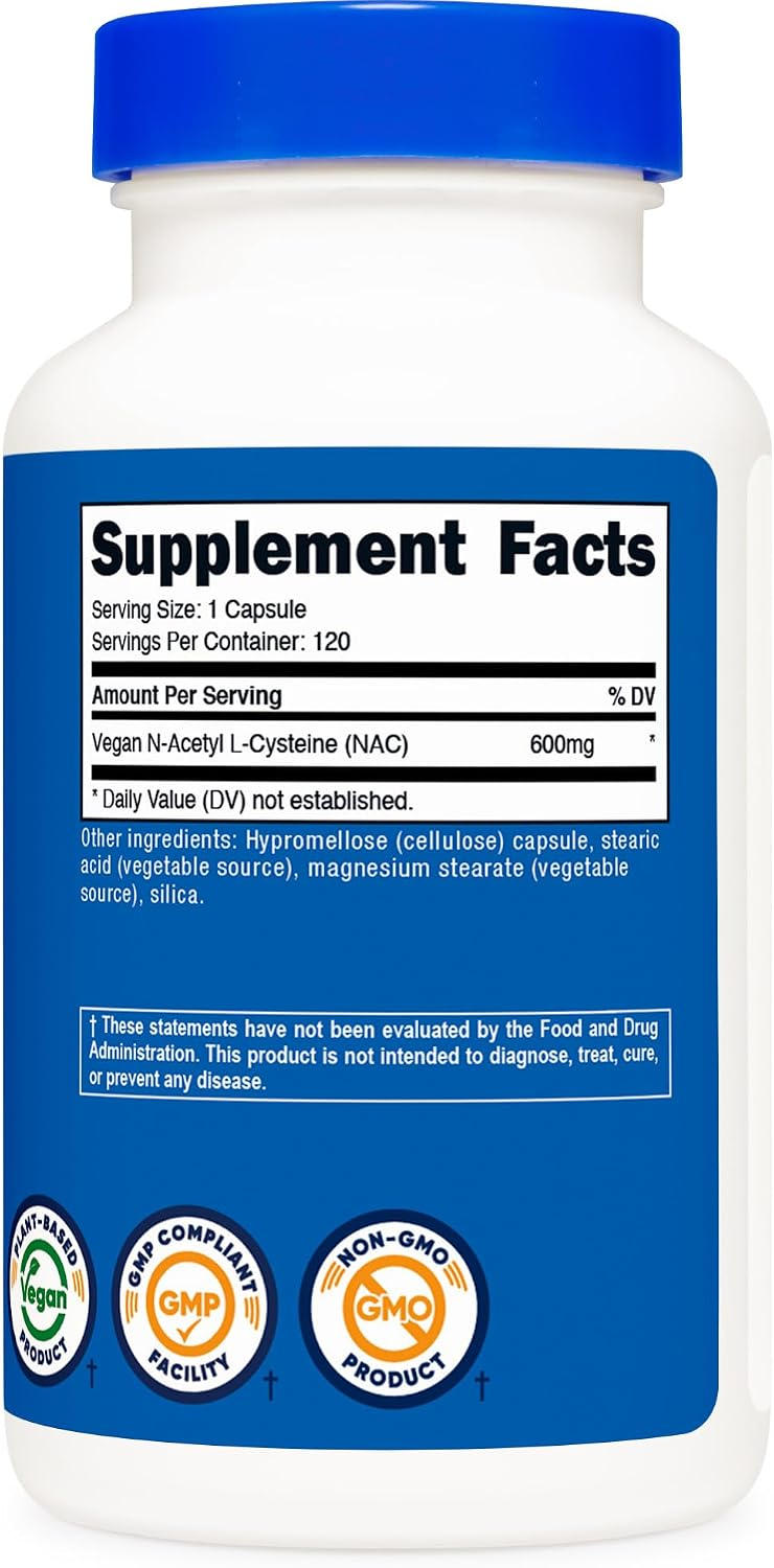 Nutricost N-Acetyl L-Cysteine (NAC) 600mg, 180 Capsules - Non-GMO, Gluten Free thumbnail 3