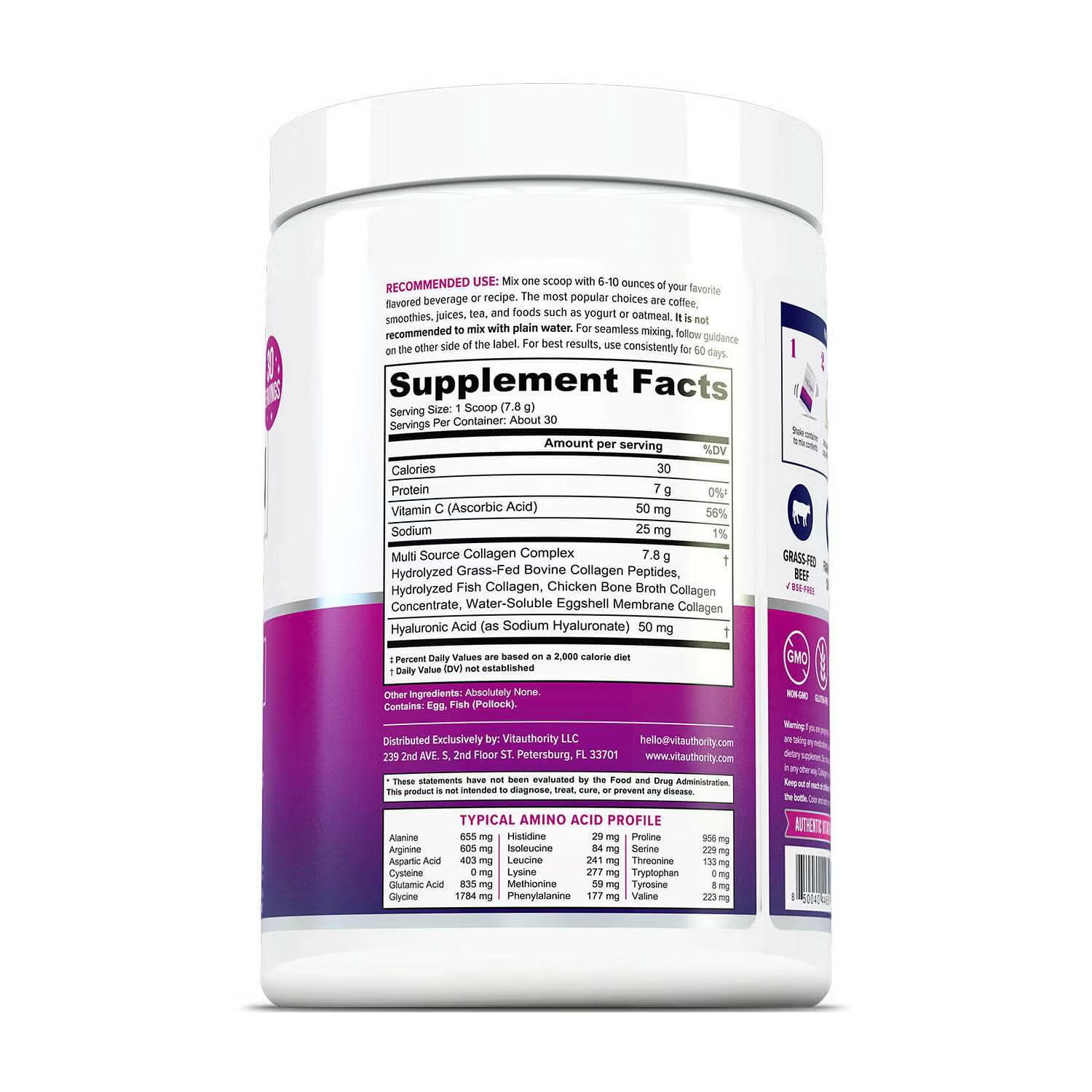 Vitauthority, Multi Collagen Protein+ Collagen Types I, II, III, V &amp; X with Vitamin C and Hyaluronic Acid Unflavored 30 Serving thumbnail 6