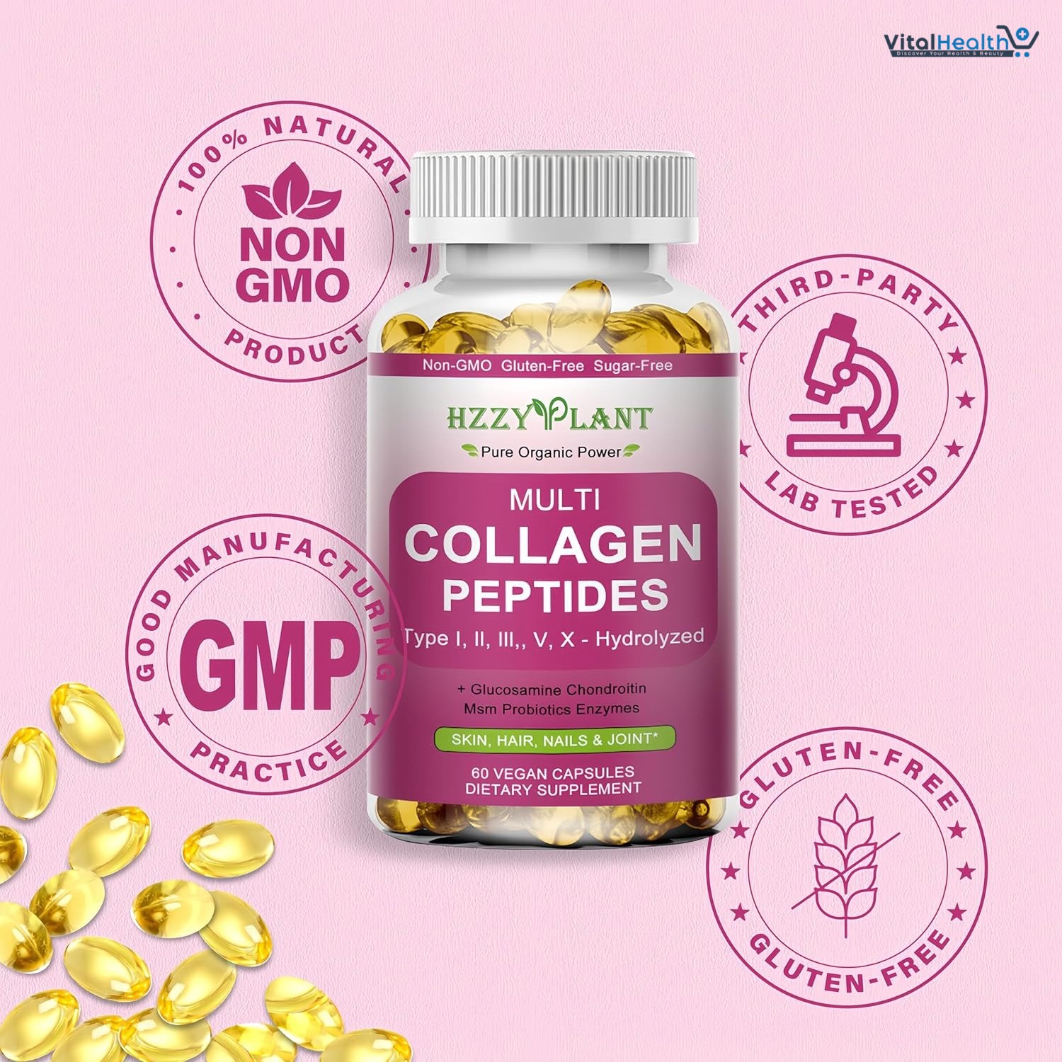 Multi Collagen Peptides Softgel - Type I, II, III, V, X - Hydrolyzed Collagen Peptides with Biotin Vitamin C Hyaluronic Acid for Women &amp; Men, Supports Skin Hair Nail &amp; Joint, Non-GMO, 60 Servings thumbnail 2