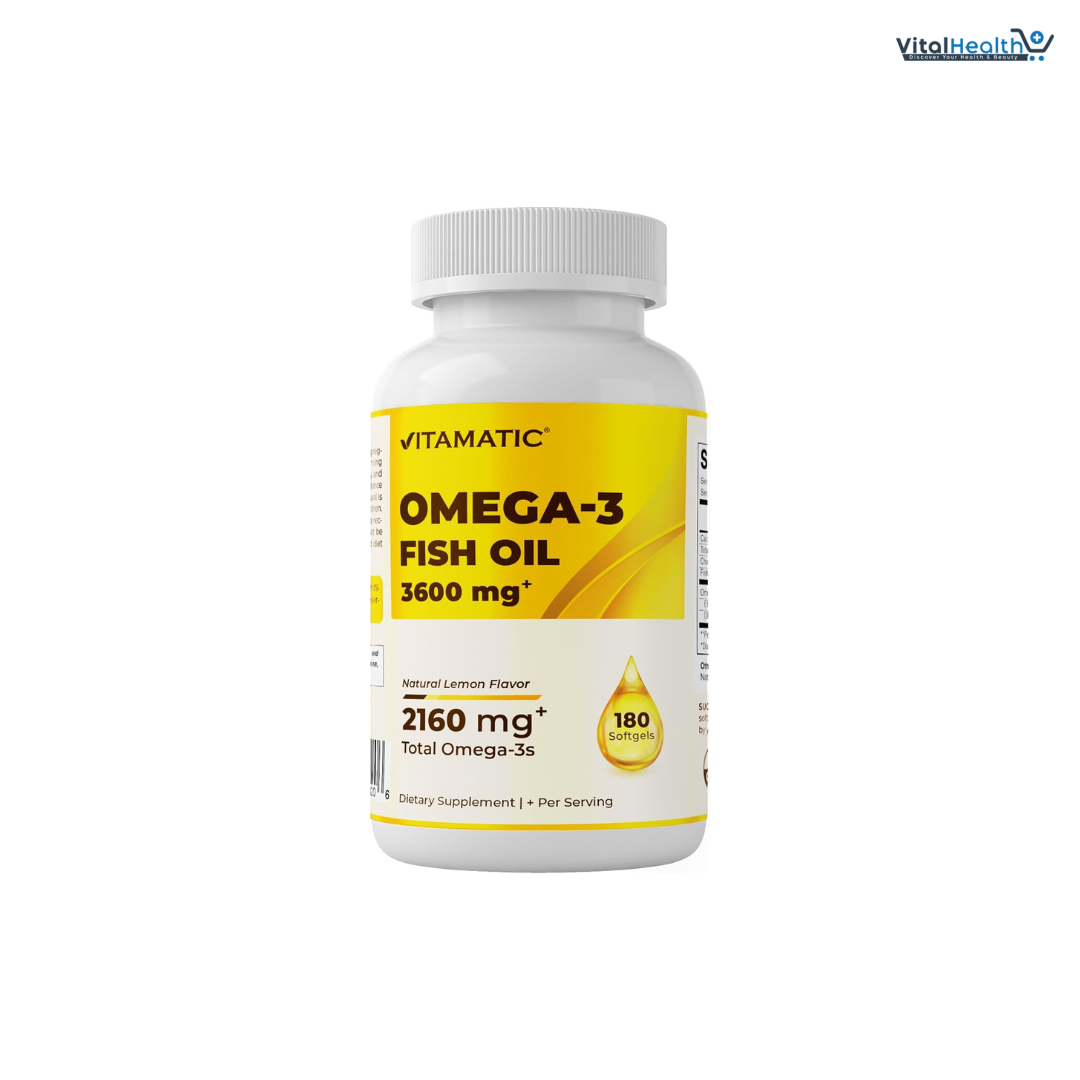 Vitamatic Triple Strength Omega 3 Fish Oil 3600mg Per Serving, 2160mg Omega 3 Fatty Acids, 1296mg EPA + 864mg DHA, Burpless Lemon Flavor, 180 Softgels thumbnail 4