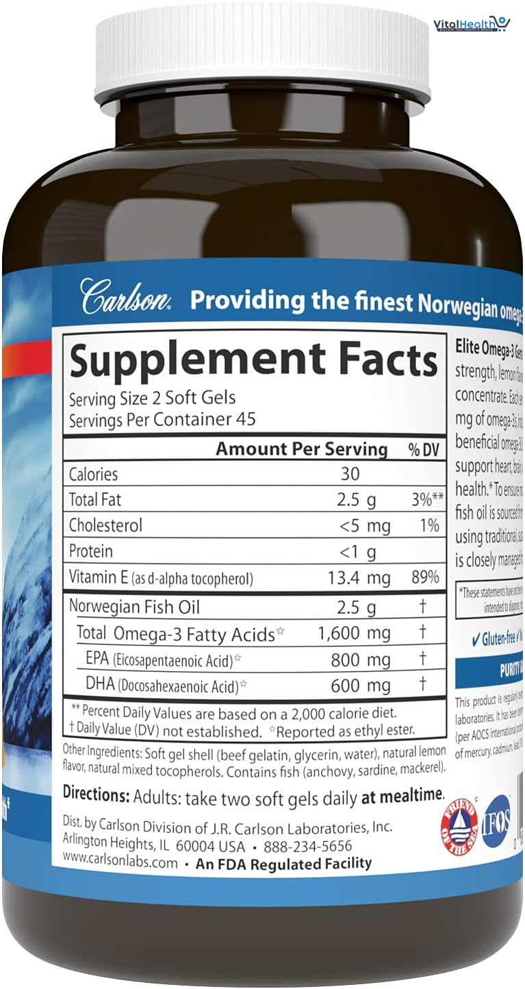 Carlson - Elite Omega-3 Gems, 1600 mg Omega-3 Fatty Acids Including EPA and DHA, Norwegian, Wild-Caught Fish Oil Supplement, Sustainably Sourced Omega 3 Fish Oil Capsules, Lemon, 130 Softgels thumbnail 4