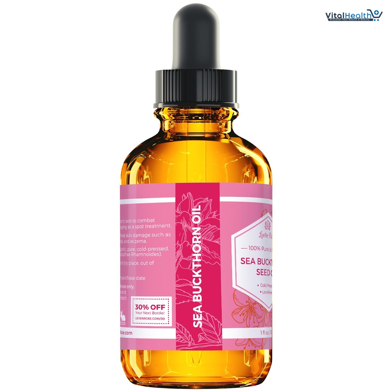 Leven Rose Sea Buckthorn Seed Oil, 100% Pure Unrefined Cold Pressed Anti Aging Acne Treatment for Hair Skin and Nails (1 oz) thumbnail 2