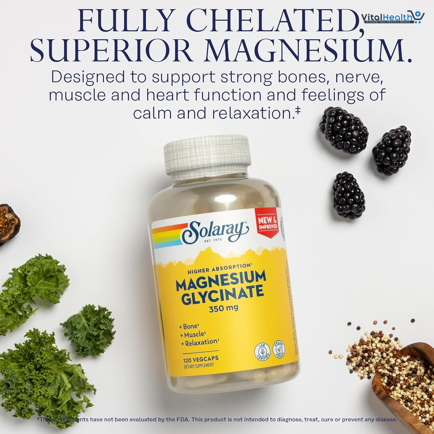 SOLARAY Magnesium Glycinate Capsules, Chelated Magnesium Bisglycinate w/BioPerine, Higher Absorption Magnesium Supplement - Bones, Muscles, Heart Support, 120 VegCaps thumbnail 5