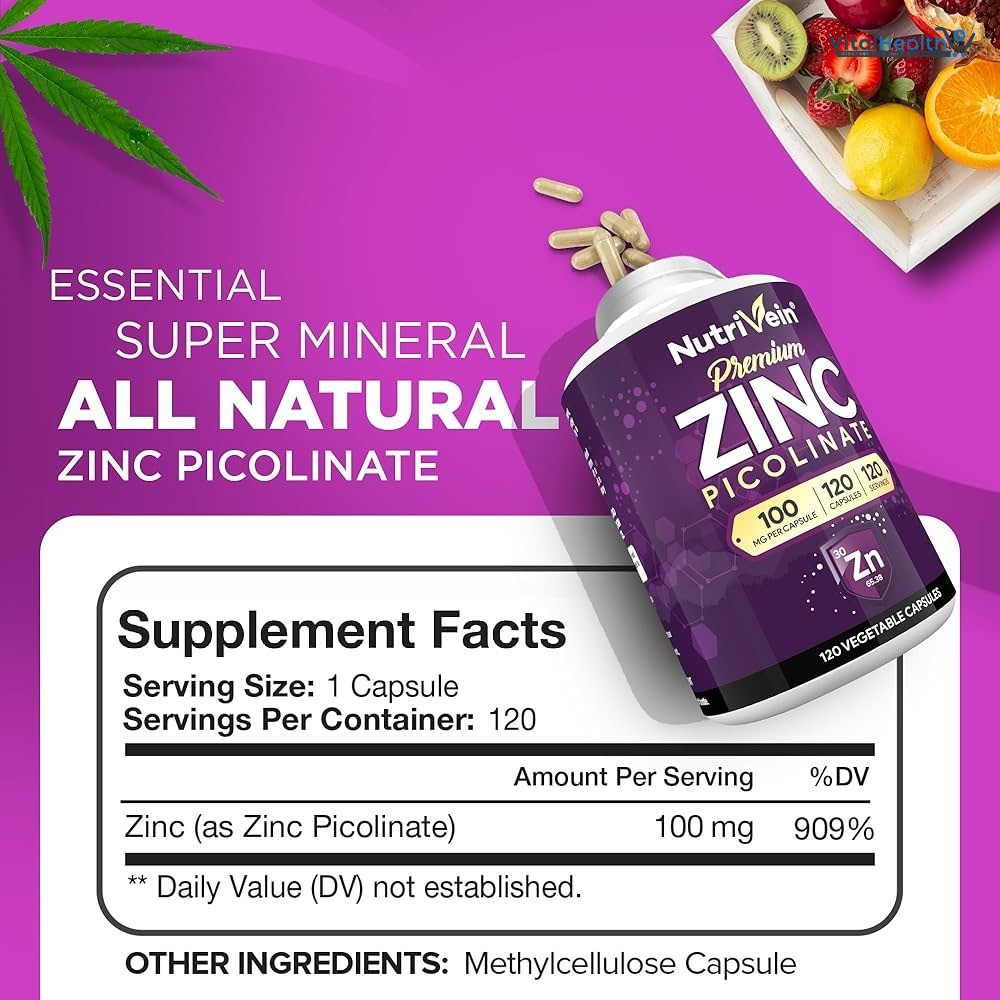 Nutrivein Premium Zinc Picolinate 100 Mg Per Serving - 120 Capsules - Boosts Immune Support, Sleep &amp; Energy thumbnail 3