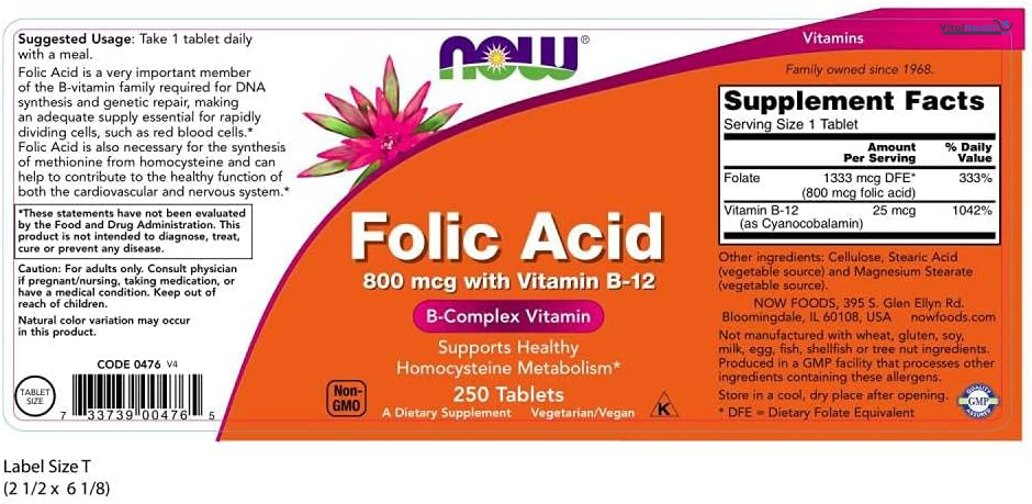 NOW Foods Folic Acid 800 mcg with Vitamin B12 250 Tablets thumbnail 3