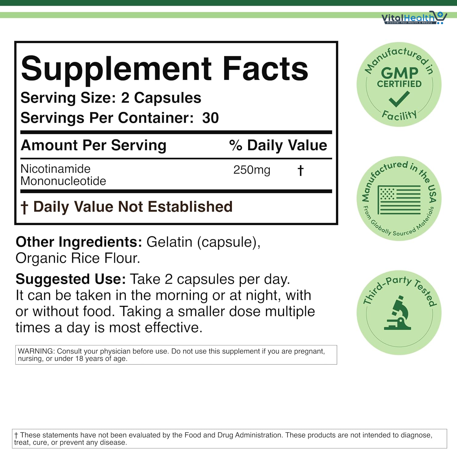 Double Wood Supplements NMN (Nicotinamide Mononucleotide) 250mg, 60 Capsules - 30 Servings, Gluten Free thumbnail 5
