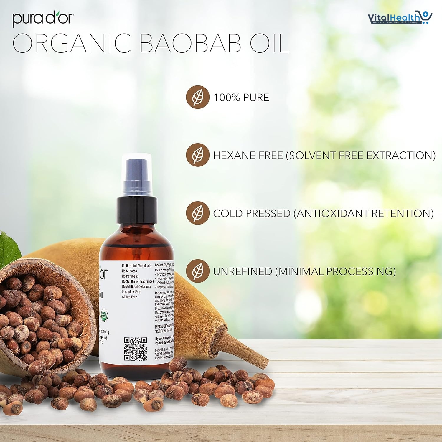 PURA D'OR 4 Oz ORGANIC Baobab Oil - 100% Pure USDA Certified Premium Grade Natural Moisturizer, Cold Pressed, Unrefined, Hexane-Free Base Carrier Oil for DIY Skin Care For Men &amp; Women thumbnail 2