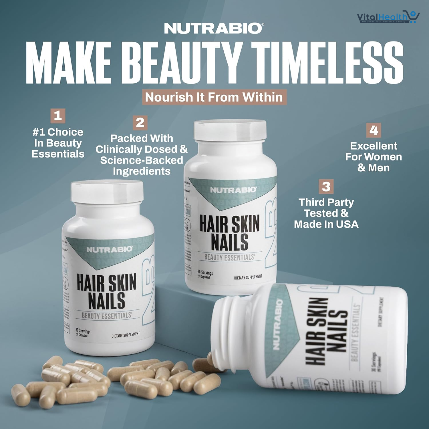NutraBio Hair Skin Nails Vitamins| Enhanced Collagen Support | Skin Hydration | Hair Growth Vitamins I for Women with Biotin, Keratin, Hyaluronic Acid &amp; More- 90 Capsules thumbnail 3