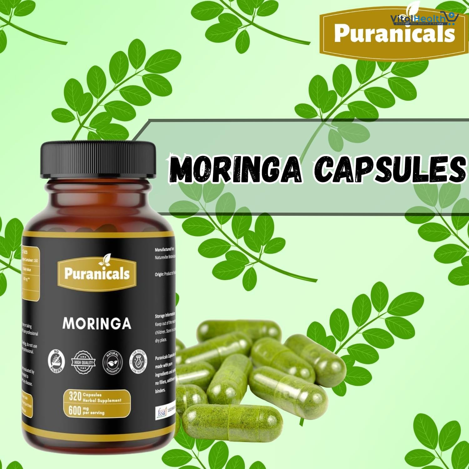 Moringa Premium 320 Capsules Non GMO and Gluten Free | Herbal Supplement | 600 mg Per Serving | Made with Herb Moringa Leaf Powder thumbnail 3