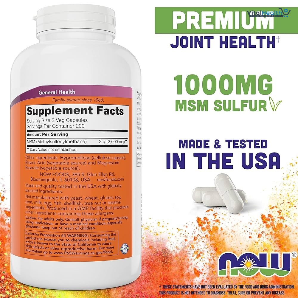 NOW Foods Supplements, MSM (Methylsulfonylmethane) 1,000 mg, Joint Health, 120 Veg Capsules thumbnail 4