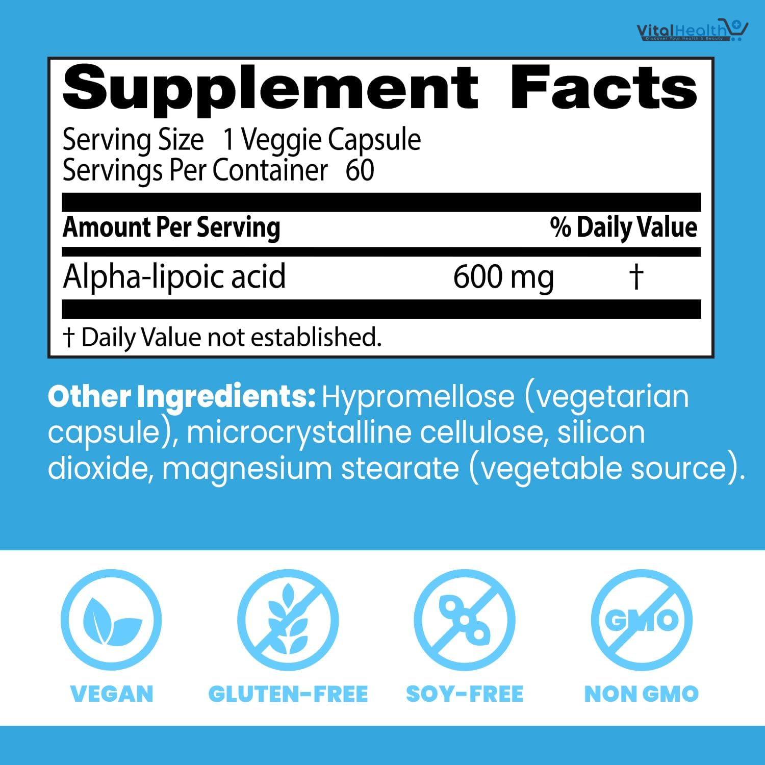 Doctor's Best Alpha-Lipoic Acid 600, Supports Antioxidant Function &amp; Glycemic Balances, Non-GMO, Gluten Free, Vegan, Soy Free, 600 mg, 60 Veggie Caps thumbnail 5