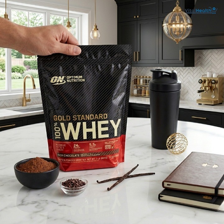 Optimum Nutrition ON Whey Powder Gold Standard Chocolate Flavor 1kg 2lbs Pouch For Muscle Gain thumbnail 2