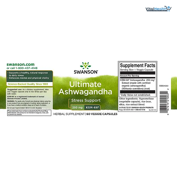 Swanson Ultimate Ashwagandha KSM-66 - Herbal Supplement Supporting Healthy Stress Levels &amp; Relaxation - Natural Formula to Promote a Calm &amp; Relaxed Mindset - (60 Veggie Capsules, 250mg Each) thumbnail 3