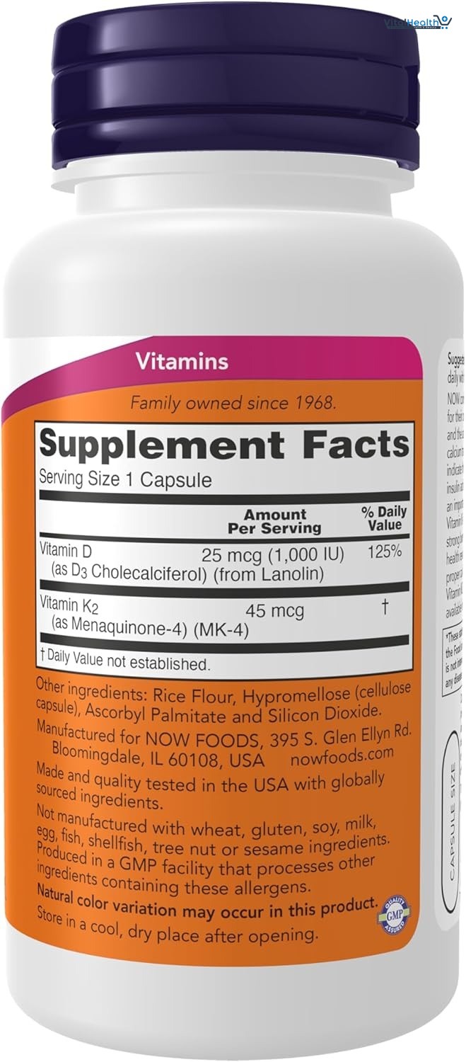 NOW Supplements, Vitamin D-3 &amp; K-2, 1,000 IU/45 mcg,Plus Cardiovascular Support, Supports Bone Health, 120 veg Capsules thumbnail 2