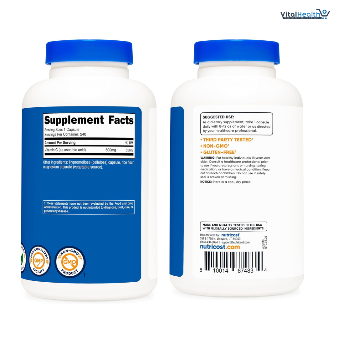 Nutricost Vitamin C 500mg, 240 Capsules, Vegetarian, Gluten Free &amp; Non-GMO thumbnail 2