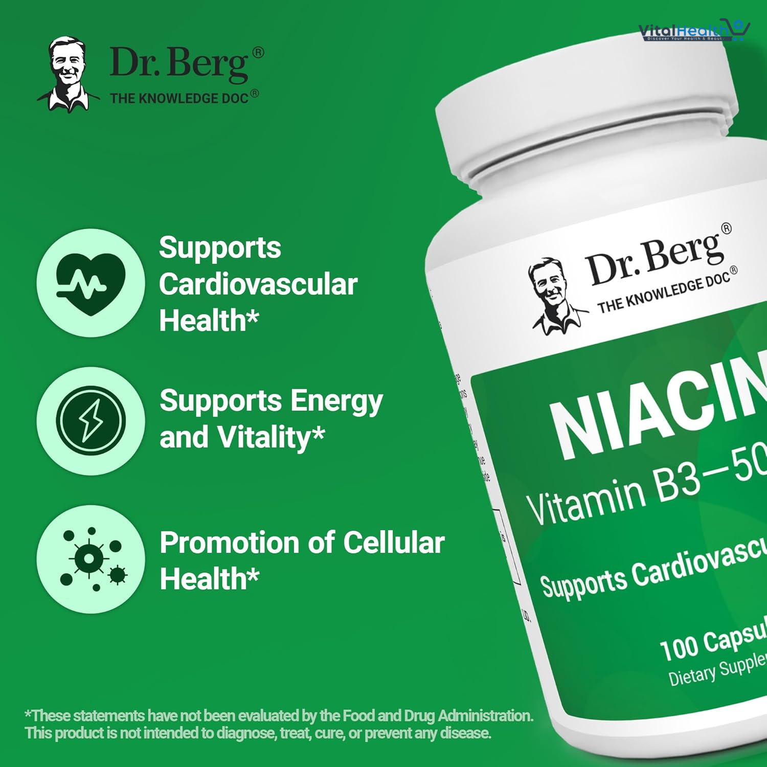 Dr Berg Niacin (Flushing Form) — Vitamin B3 500 mg per serving — Now only 125 mg per capsule - 100 Capsules thumbnail 4