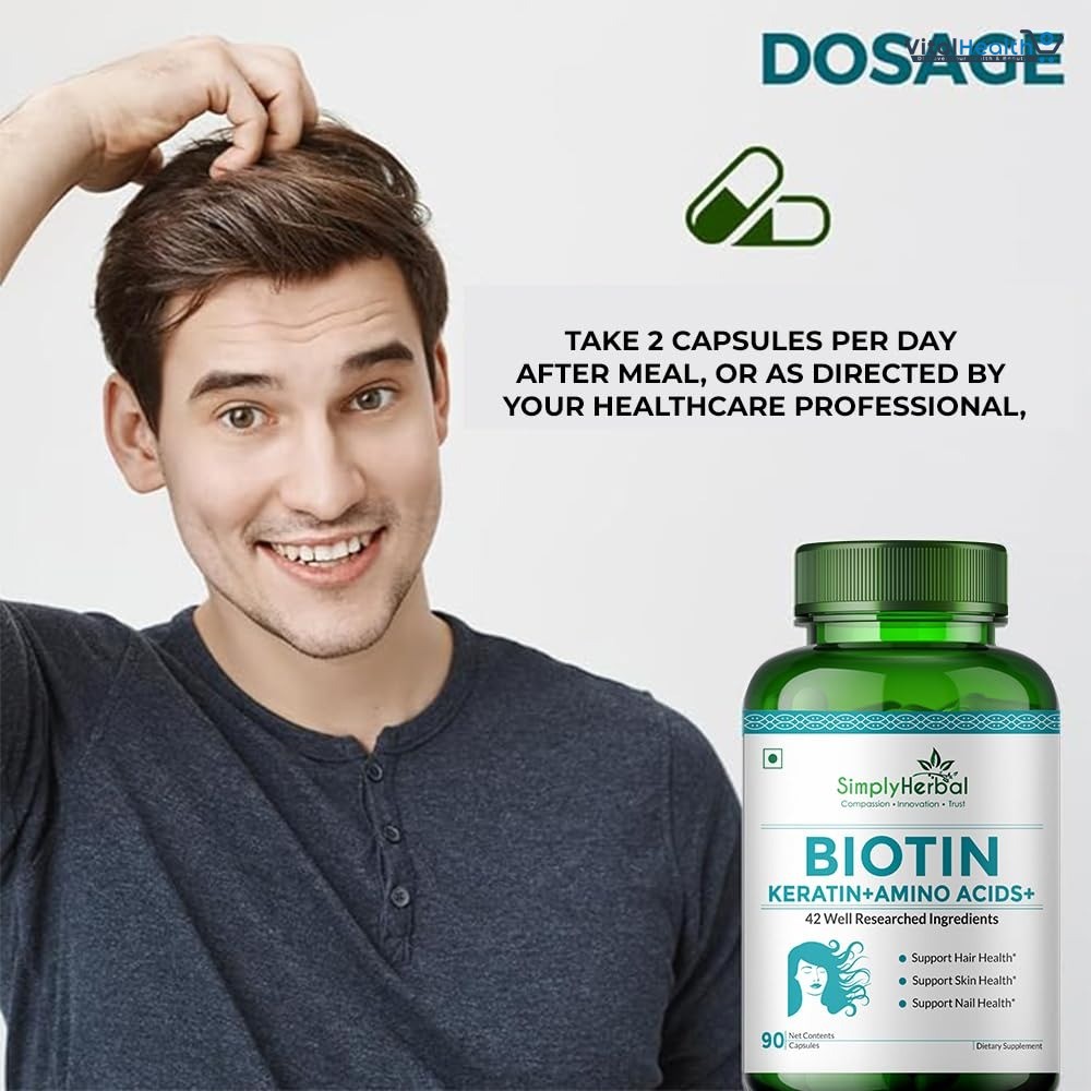 Simply Herbal Natural Biotin Vitamin B7 Capsules for Hair &amp; Skin Enriched With Keratin + Multivitamin + Amino For Men Women (90 Capsules) thumbnail 5