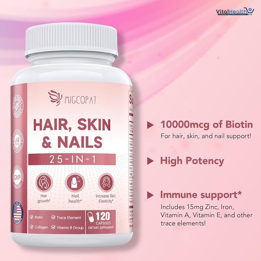 Hair Skin and Nails Vitamins with Biotin, Collagen &amp; Hyaluronic Acid, Supports Healthy Hair Growth, Strong Nails &amp; Glowing Skin, Biotin Supplement with Vitamins A, C, D3, E, B Complex &amp; Minerals thumbnail 9