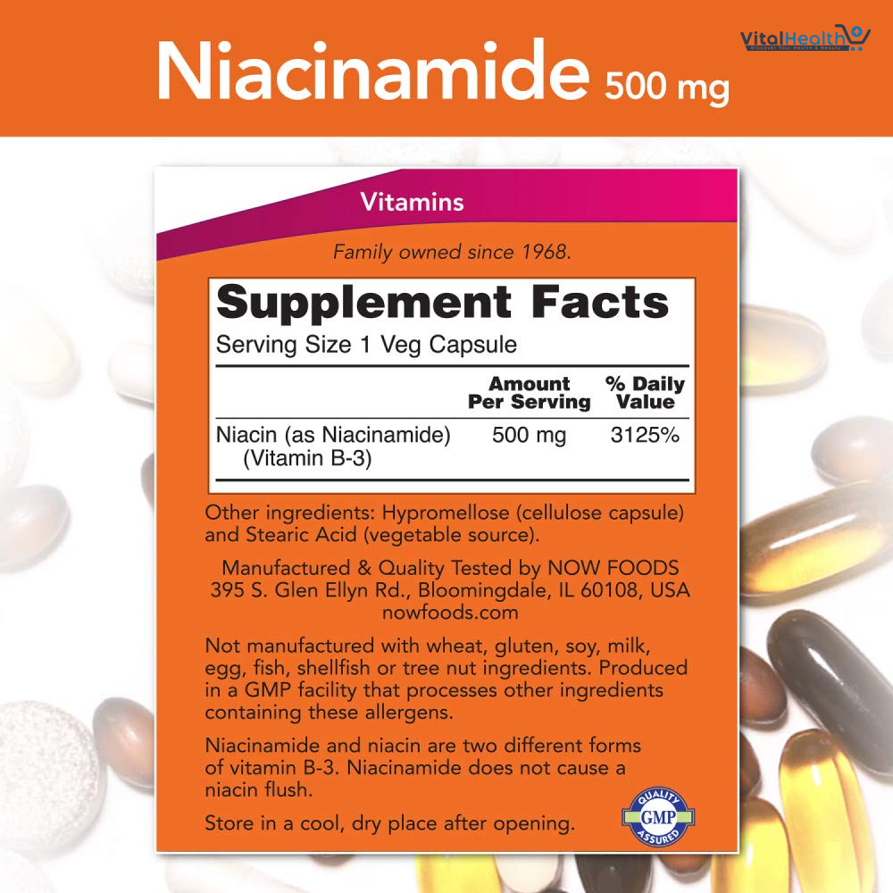 NOW Niacinamide 500mg,100 Capsules thumbnail 3