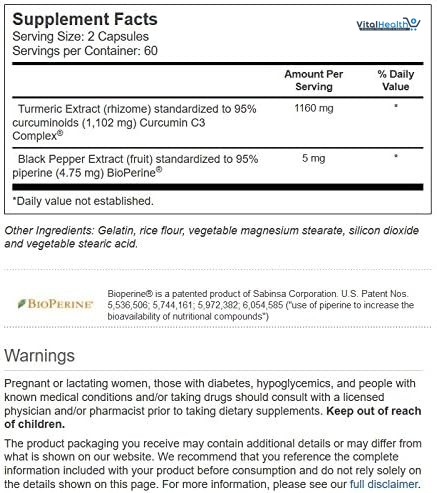 Vitacost Turmeric Extract Curcumin C3 Complex with Bioperine - 1,160 mg per Serving - 60 Capsules thumbnail 3