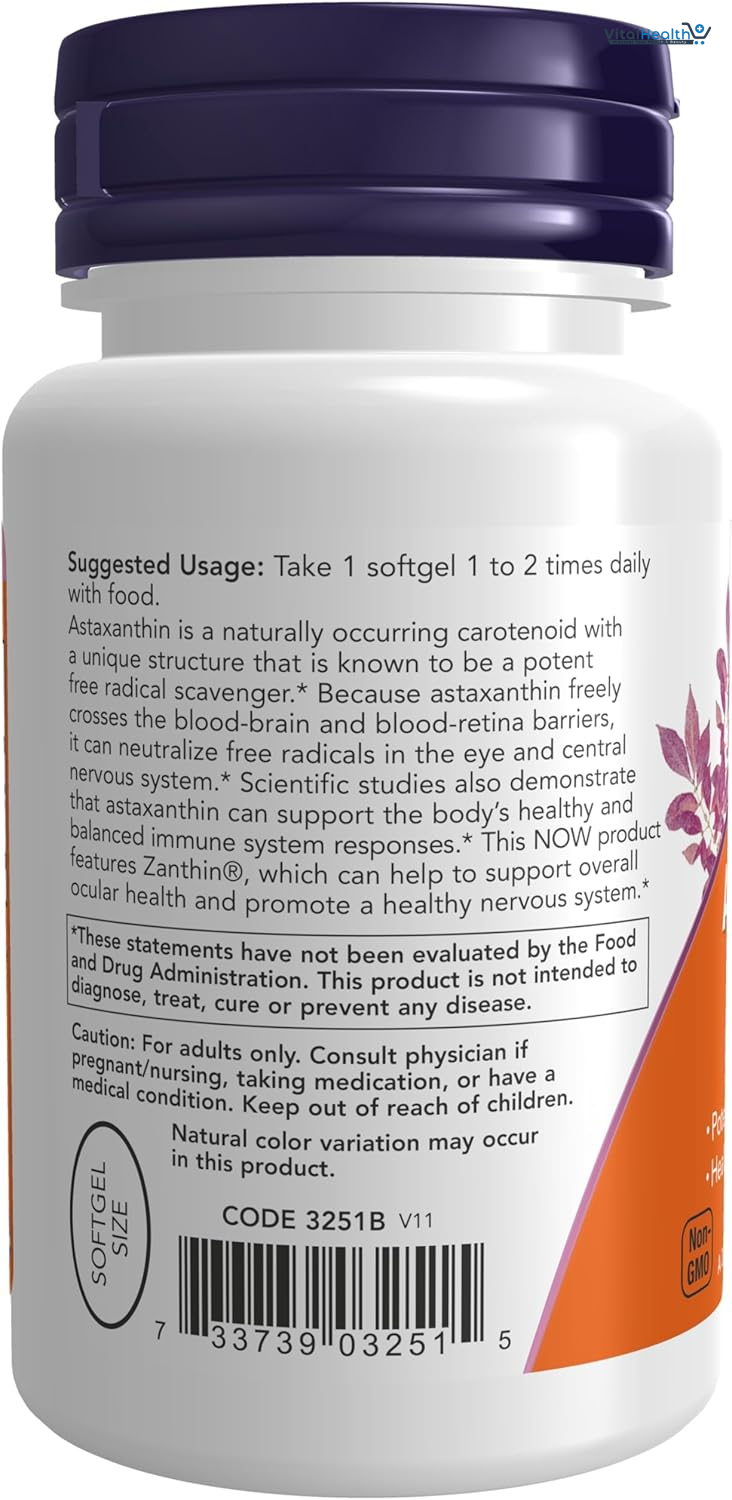 NOW Foods Supplements, Astaxanthin 4 mg, features Zanthin®, Supports Eye Health, 60 Veg Softgels thumbnail 2