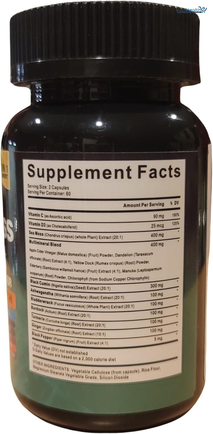 AyBet Organic Irish Sea Moss, Black Seed Oil, Ashwagandha, Turmeric,Ginger Capsule _ 120 Count thumbnail 6