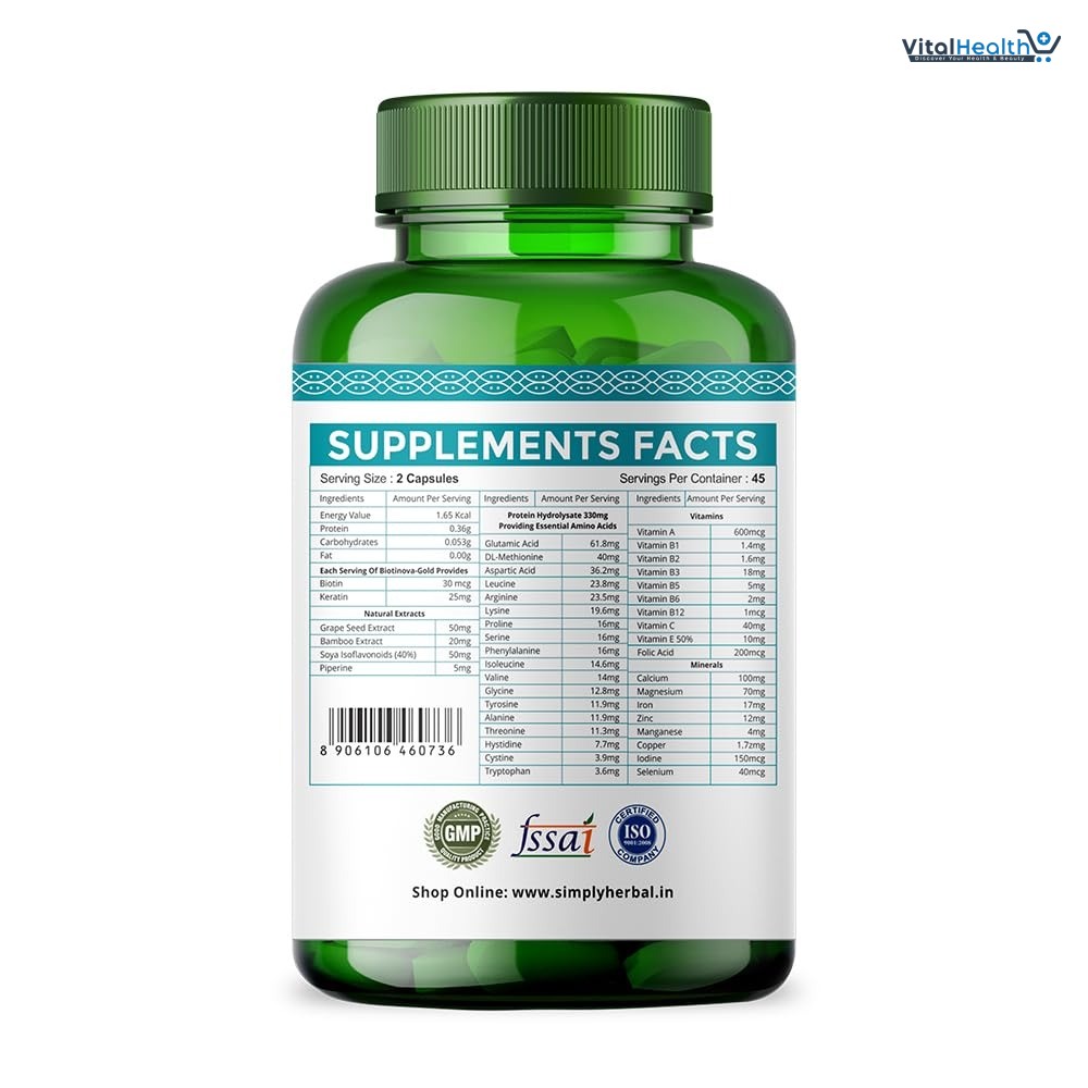 Simply Herbal Natural Biotin Vitamin B7 Capsules for Hair &amp; Skin Enriched With Keratin + Multivitamin + Amino For Men Women (90 Capsules) thumbnail 4