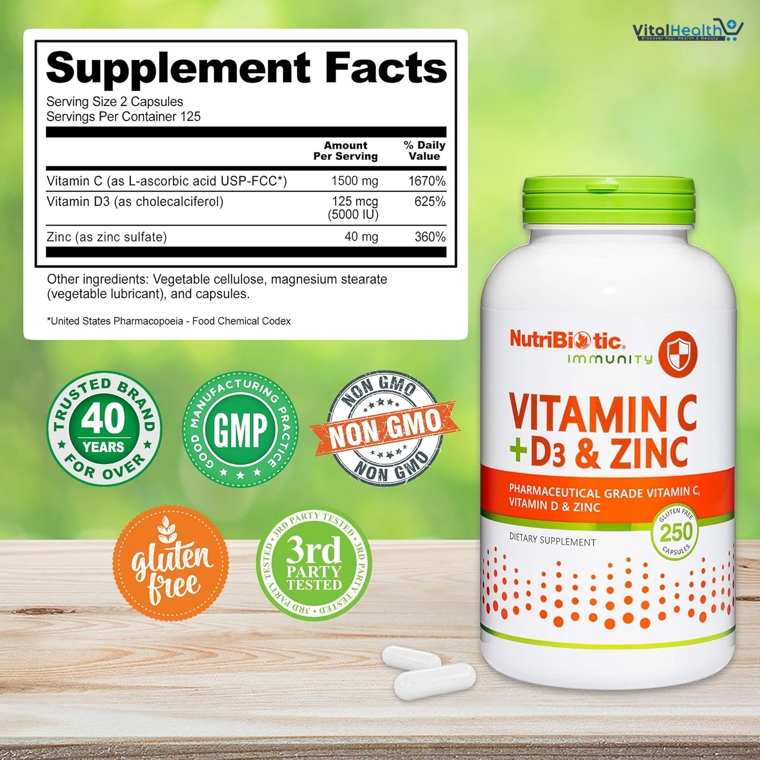 NutriBiotic – Vitamin C + Vitamin D3 &amp; Zinc, 250 Capsules | Potent, Comprehensive Immune Support | Essential &amp; Antioxidant Daily Supplement | Gluten &amp; GMO Free thumbnail 2