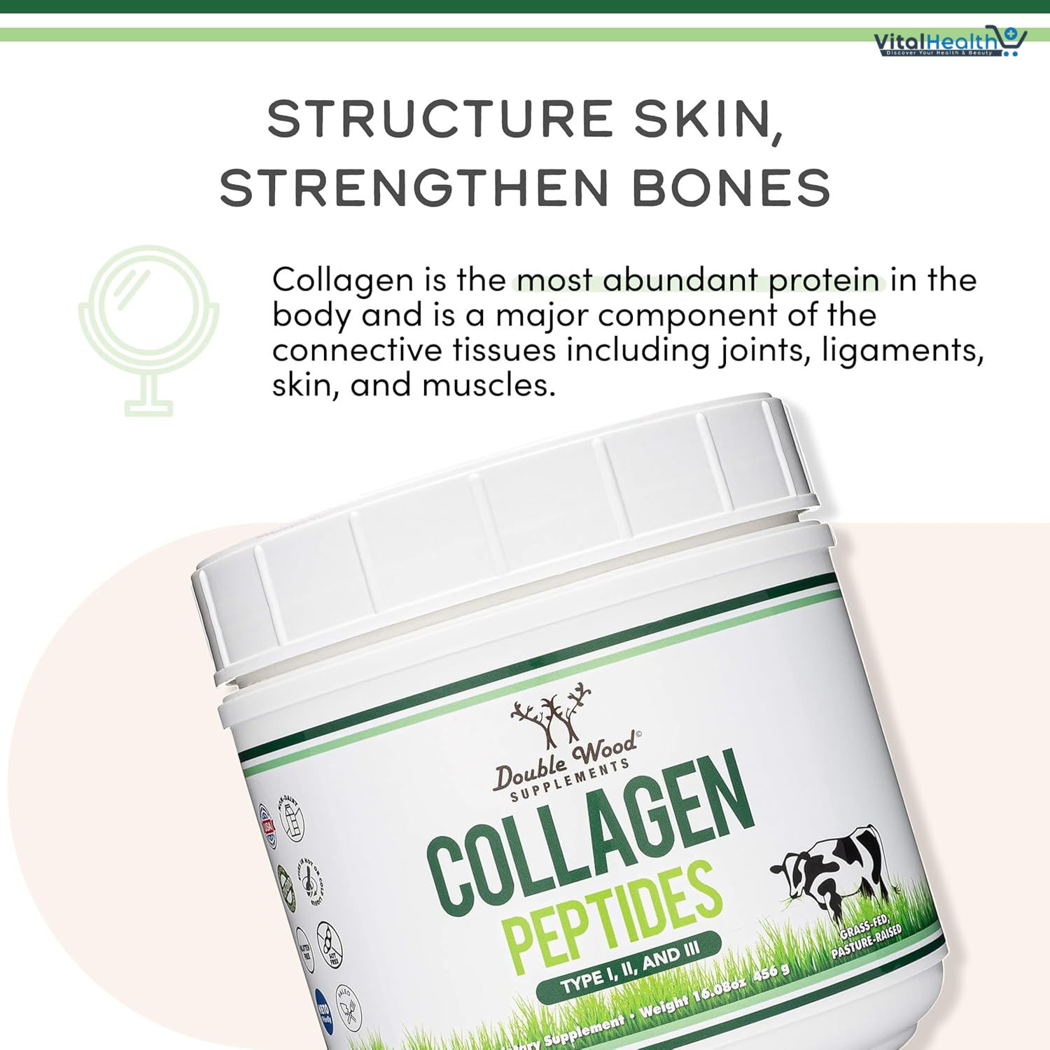 Collagen Peptides Powder - Hydrolyzed Collagen, Keto Safe - 16.08oz - Multi Type 1, 2, and 3 (Grass Fed Bovine Source)(Colageno Hidrolizado) Collagen Supplements for Women and Men by Double Wood thumbnail 6