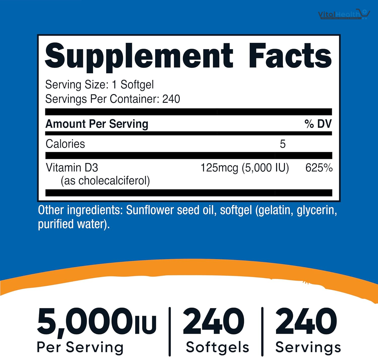 Nutricost Vitamin D3 5,000 IU (125mcg), 240 Softgels - Non-GMO and Gluten Free Vitamin D thumbnail 4
