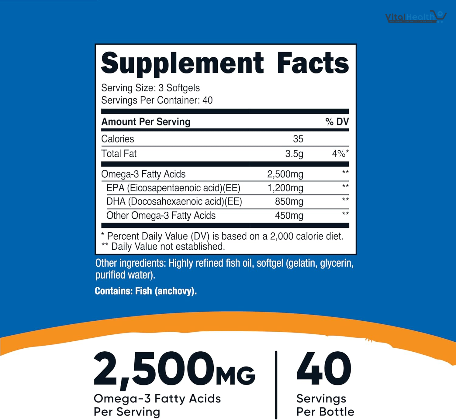 Nutricost Omega 3 Fish Oil - 2500MG, 120 Softgels (40 Serv) - Fish Oil, Wild Caught! 1200mg EPA 850mg DHA - Non-GMO, Gluten Free thumbnail 2