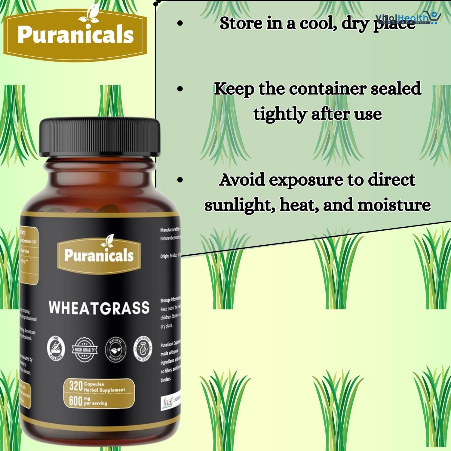 Puranicals Wheatgrass Premium 960 Capsules Non-GMO and Gluten Free | Herbal Supplement | 600 mg Per Serving | Made with 100% Herb Wheat Grass thumbnail 2