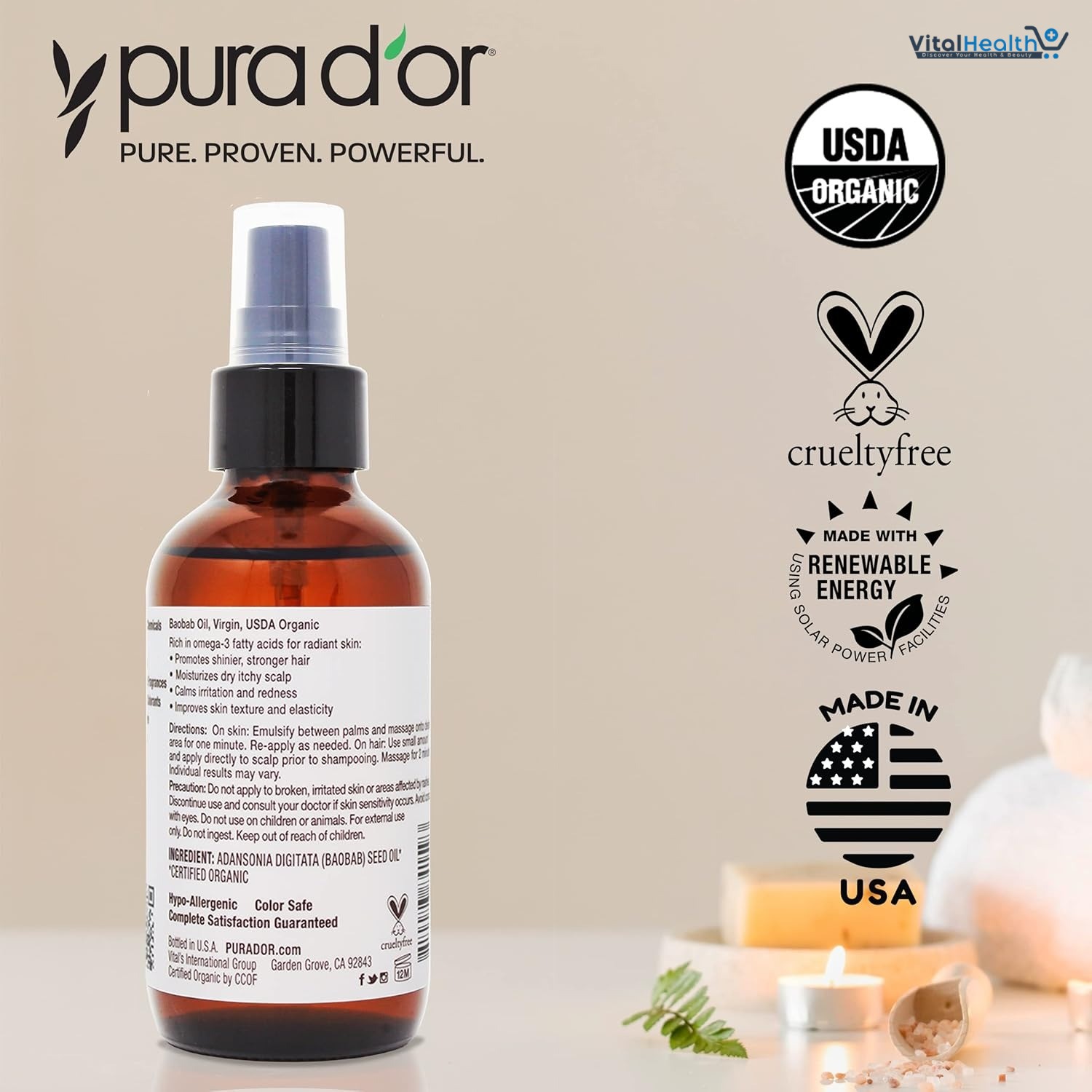 PURA D'OR 4 Oz ORGANIC Baobab Oil - 100% Pure USDA Certified Premium Grade Natural Moisturizer, Cold Pressed, Unrefined, Hexane-Free Base Carrier Oil for DIY Skin Care For Men &amp; Women thumbnail 3