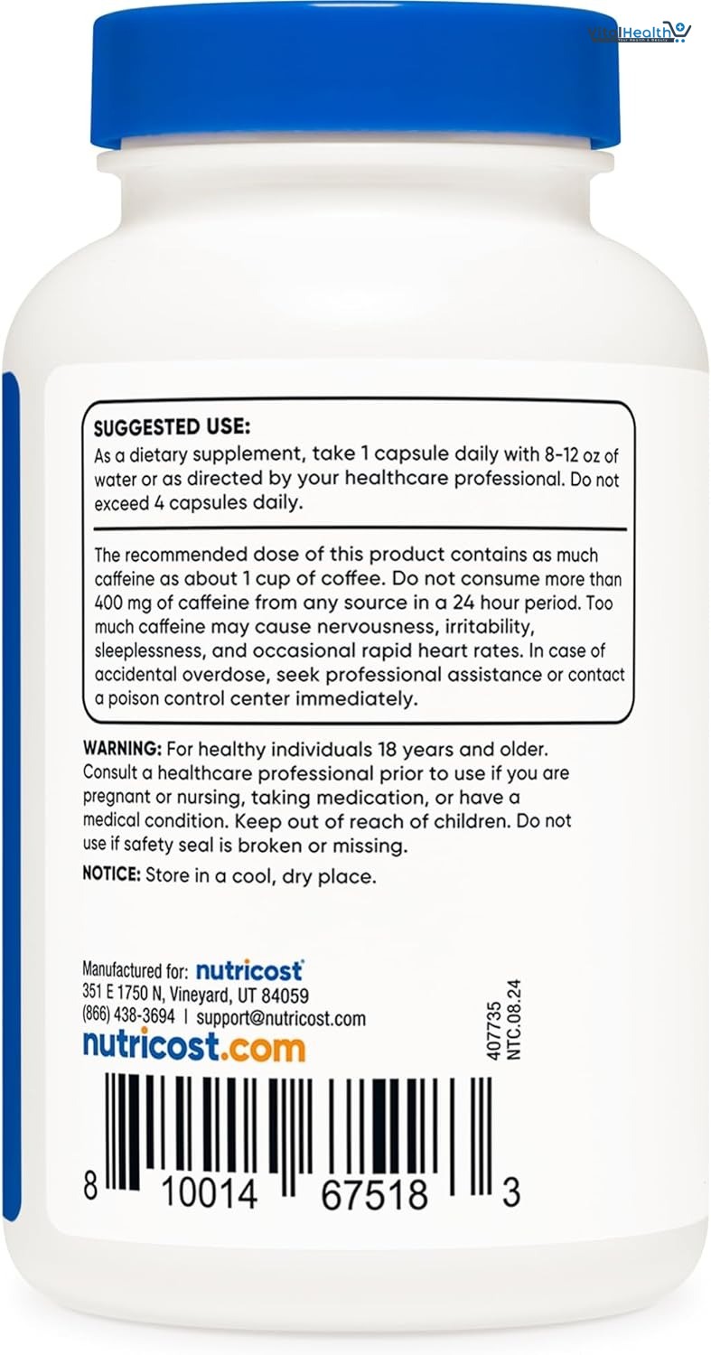 Nutricost Caffeine Pills 100mg Per Serving, 250 Capsules thumbnail 4