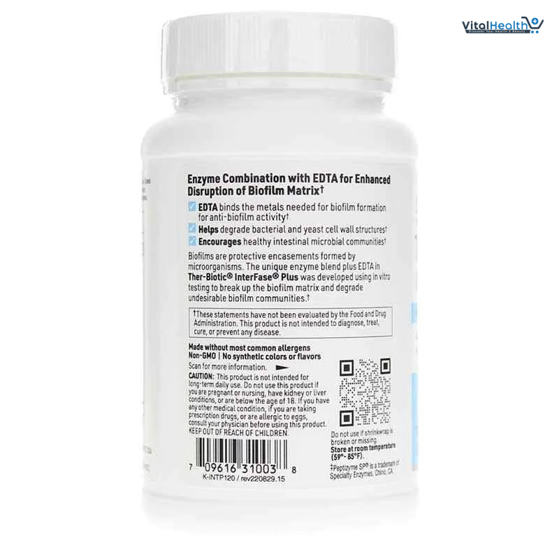 SFI Health Klaire Labs Ther-Biotic Interfase Plus - Anti Biofilm Enzymes with EDTA to Support Gut Flora, Toxin Cleanse &amp; Full Body Detox - Promote Biofilm Matrix Disruption (120 Capsules) thumbnail 4