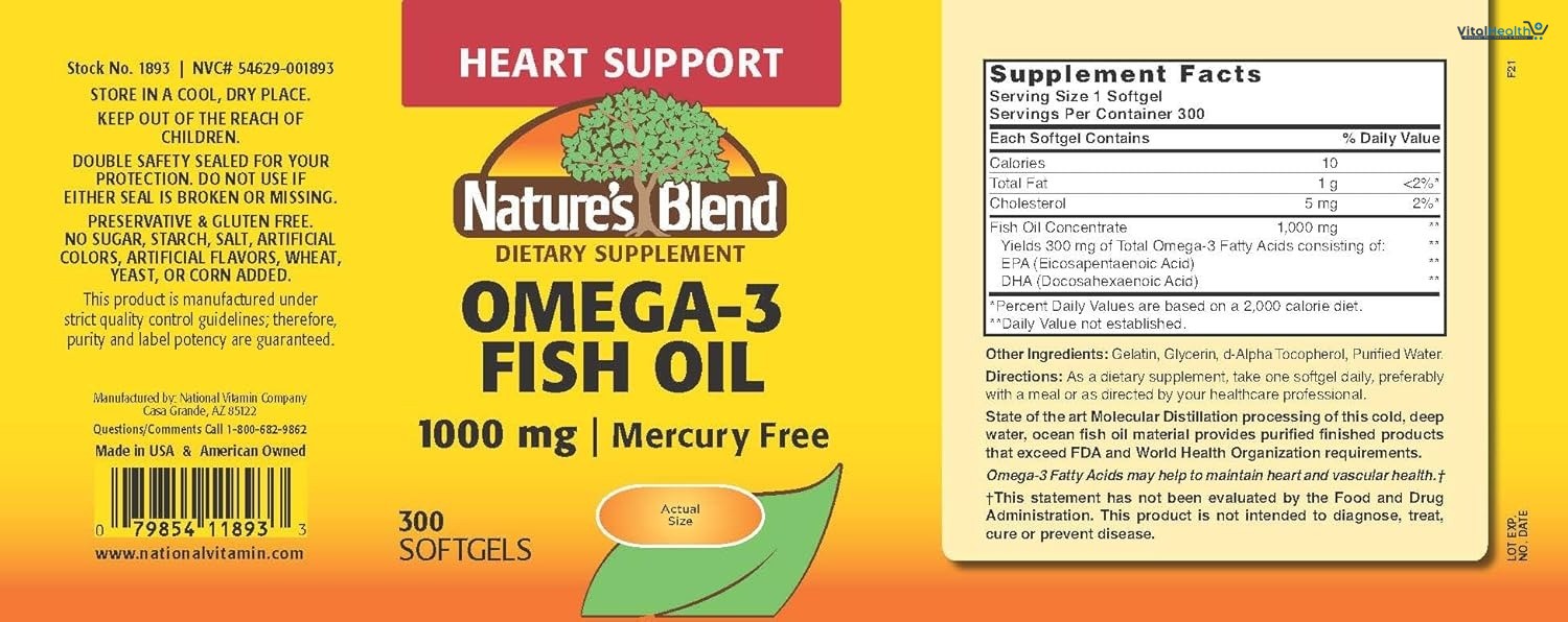 Nature's Blend Omega-3 Fish Oil, 1000 mg 300 Softgels thumbnail 2