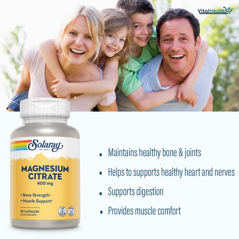 SOLARAY Magnesium Citrate 400mg - Magnesium Supplement - Bone Health, Muscle, Relaxation and Heart Health Support - Vegan, Gluten Free - 30 Servings, 90 VegCaps thumbnail 3