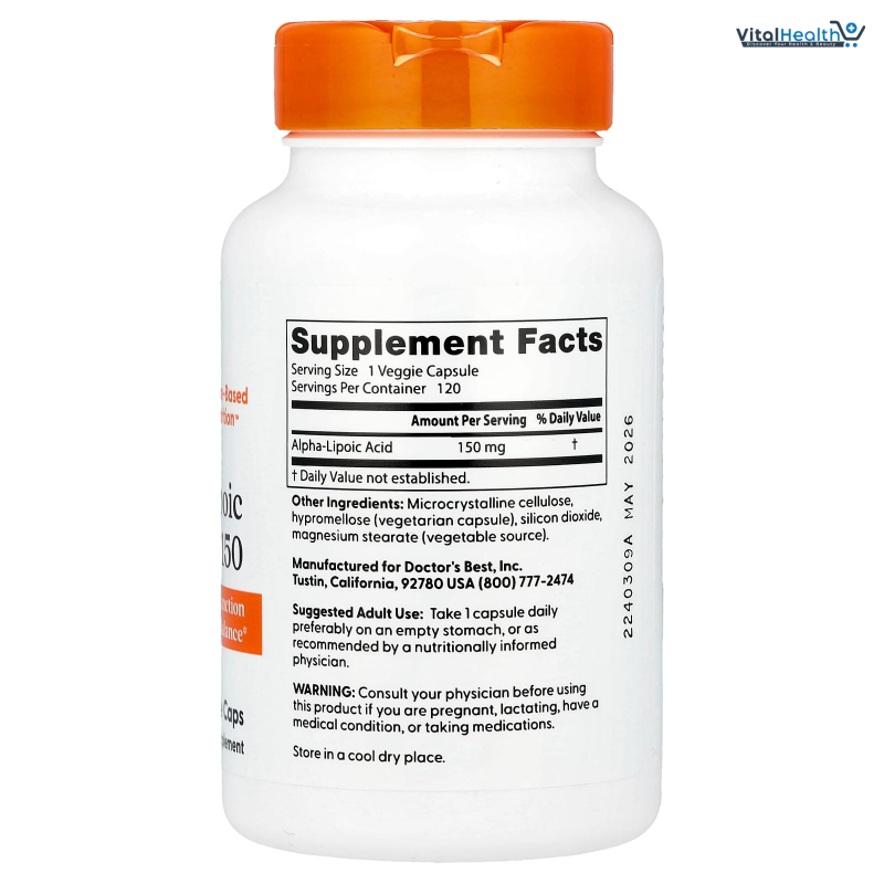 Doctor's Best Alpha-Lipoic Acid 150, Helps Support Glucose Metabolism and Regenerate Antioxidants* Non-GMO, Gluten Free, Vegan, Soy Free, 150mg, 120 Veggie Caps thumbnail 6
