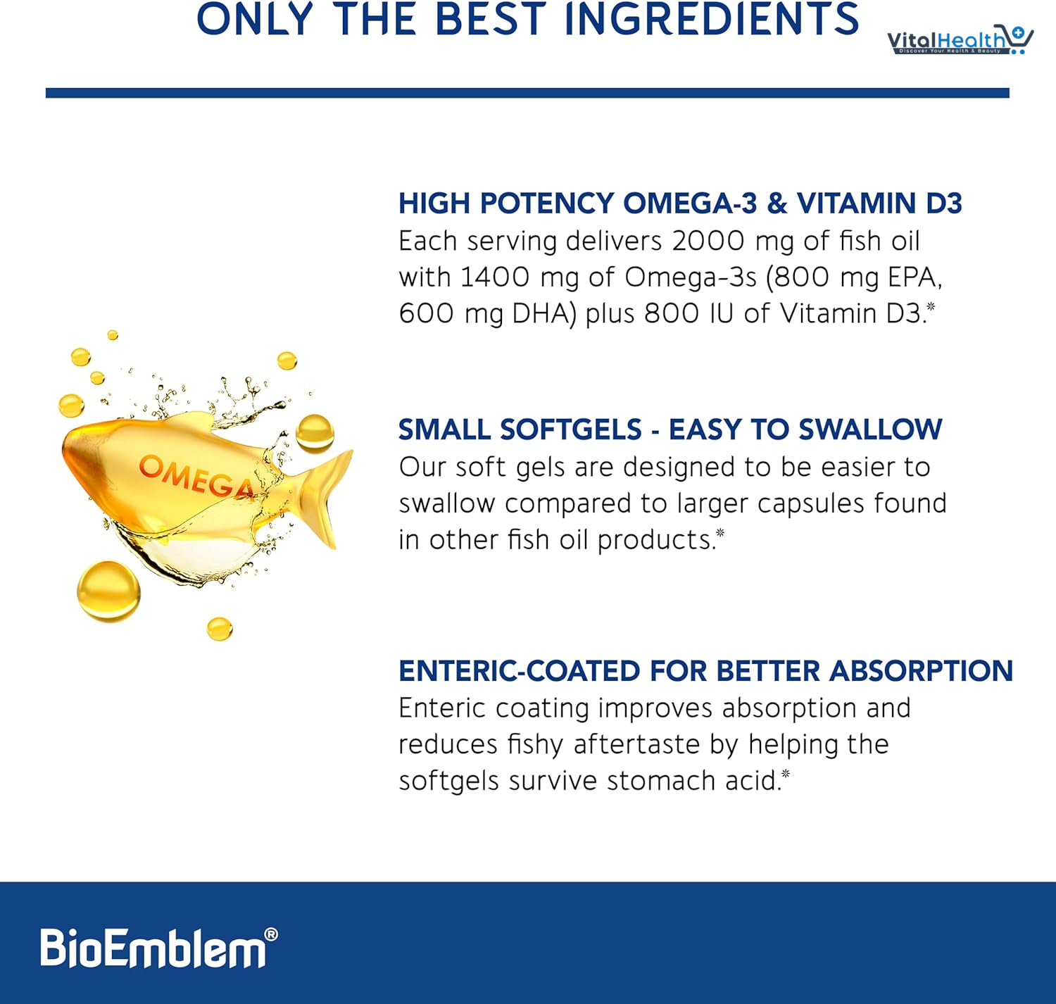 BioEmblem Omega-3 Fish Oil 2000mg - Small Size Softgels, High Absorption Form, Sustainable - 1400mg EPA &amp;DHA Plus Vitamin D3, Non-GMO, Heart, Joint, &amp; Brain Health Fish Oil Supplement, 120 Ct thumbnail 3
