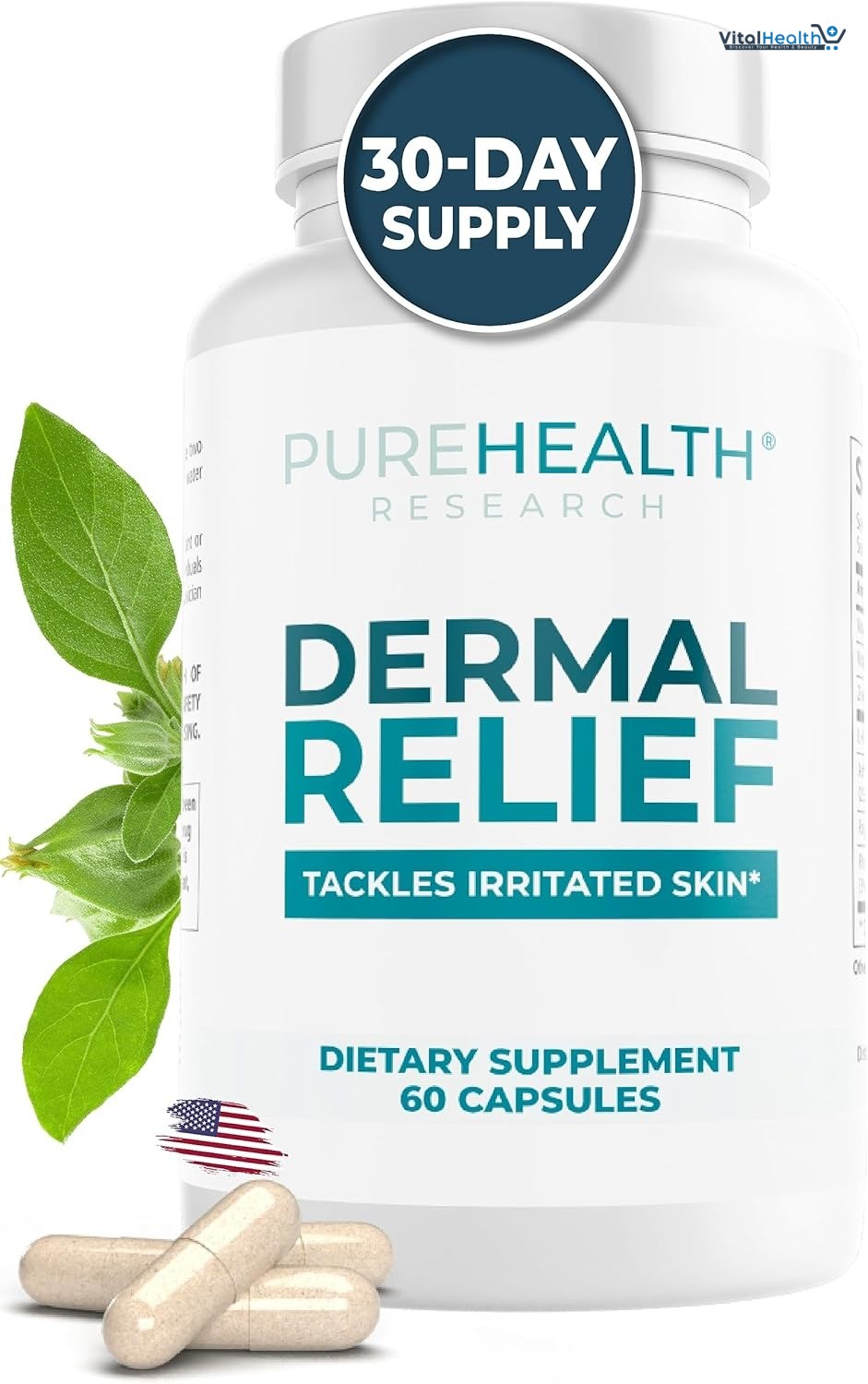 PUREHEALTH RESEARCH Dermal Relief Supplements - for Irritated Skin, Eczema and Dermatitis with L-Histidine, Ashwagandha Root Extract, Rhodiola Crenulata, Vitamin D and E - 1 Bottle - 60 Capsules thumbnail 5