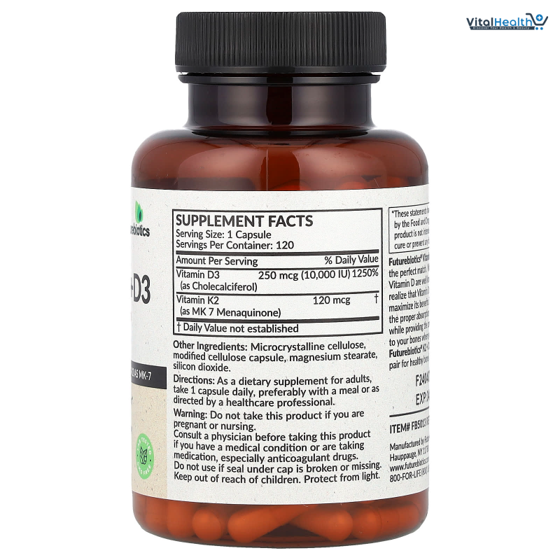 Futurebiotics Vitamin K2 (MK7) with D3 Supplement - Non-GMO Formula - 5000 IU Vitamin D3 &amp; 90 mcg Vitamin K2 MK-7, 120 Vegetarian Capsules thumbnail 2