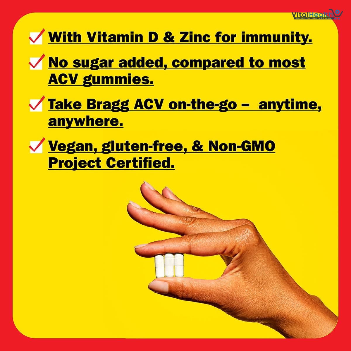Bragg Organic Apple Cider Vinegar Capsules with Vitamin D and Zinc - 90 Count - Supports Immune System thumbnail 4