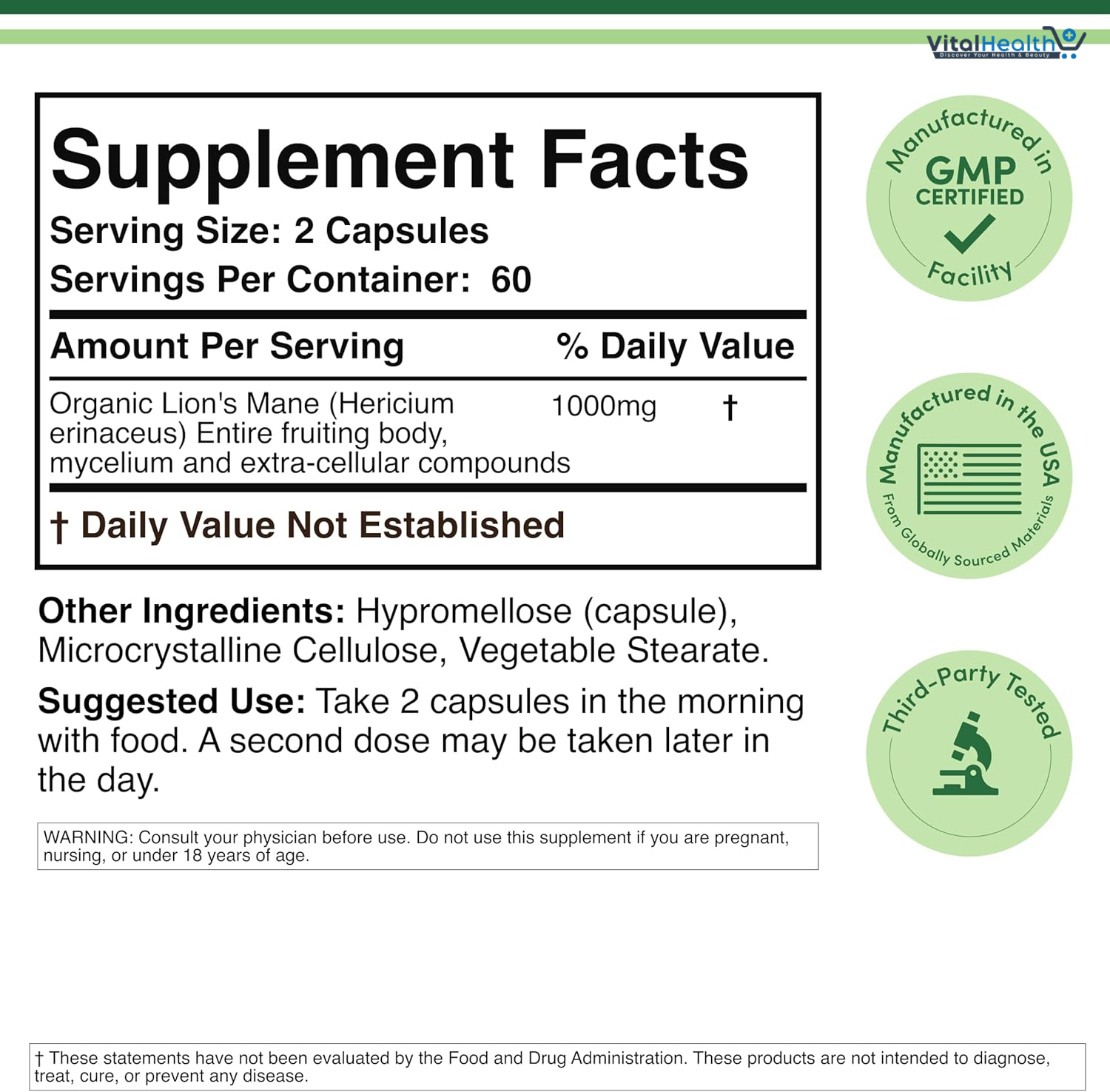 Organic Lions Mane Mushroom Capsules (120 Count), for Focus Support and Immune Health, Third Party Tested and Grown in The USA - by Double Wood thumbnail 5