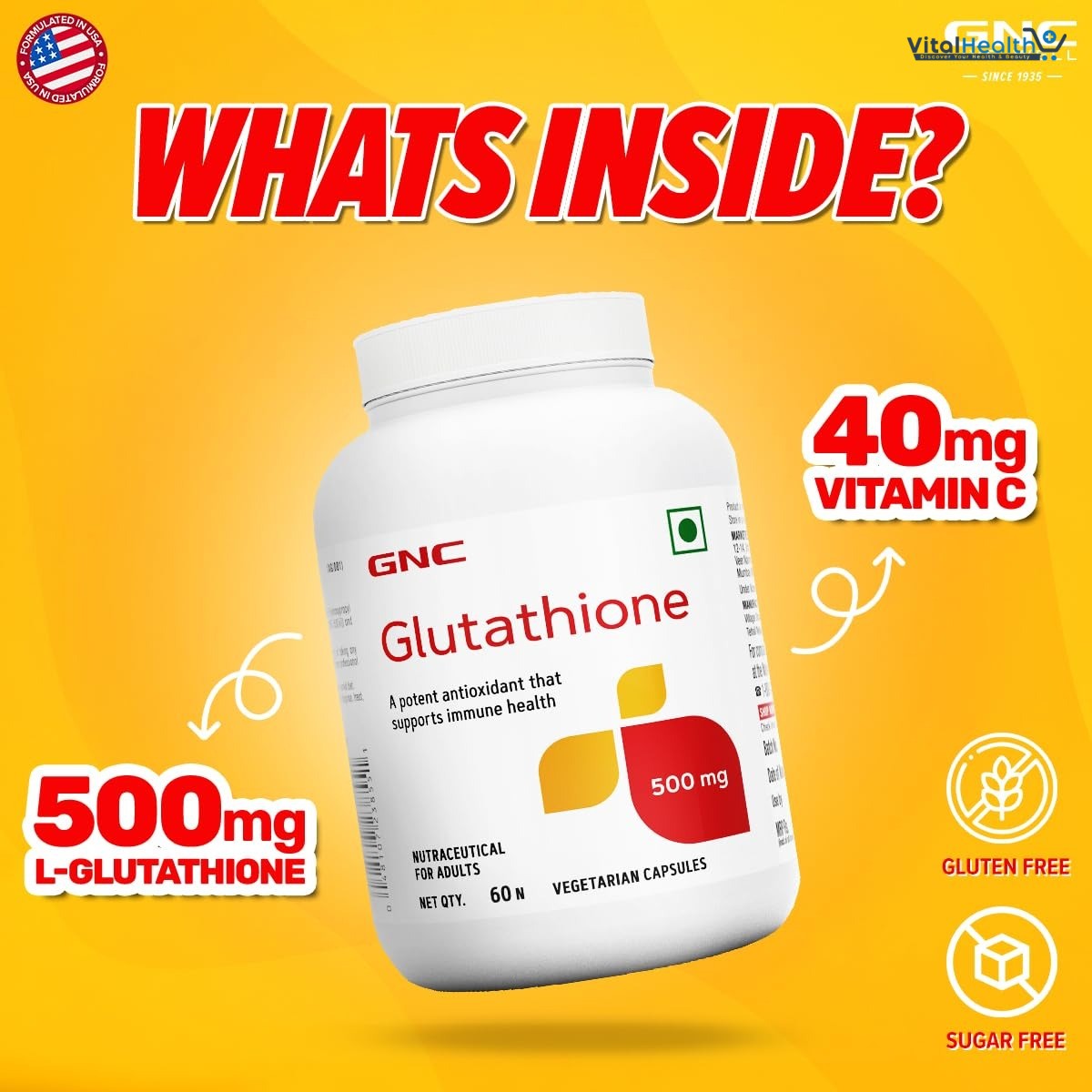 GNC Glutathione 500mg With Vitamin C For Clear &amp; Radiant Skin | 60 Veg Capsules | Reduces Dark Spots &amp; Melanin Pigmentation | Boosts Immunity | Fights Pollution &amp; UV Damage | For Men &amp; Women| Formulat thumbnail 4
